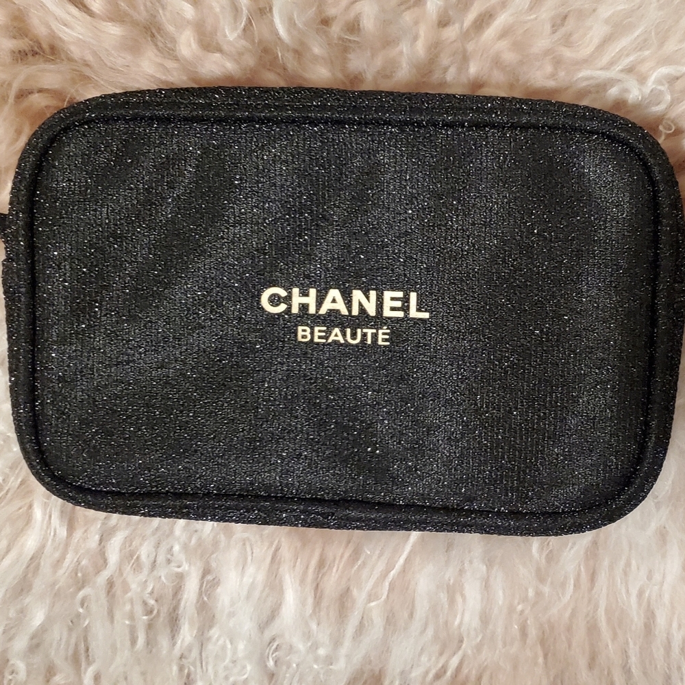Chanel makeup bag with mascara samples and pocket